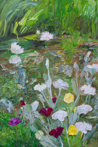 Nelken und Seerosen / Sonntag am Teich van Ute Meyer, Schilderij te koop op Singulart