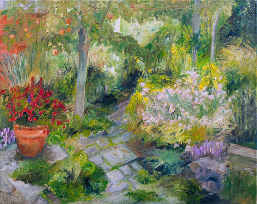 Blick in den Garten im August von Ute Meyer, Malerei kaufen auf Singulart
