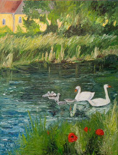 Sommermorgen / Schwanenfamilie auf dem Teich by Ute Meyer, Painting for Sale on Singulart