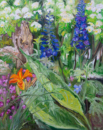 Garten im Juli mit Rittersporn und Taglilien von Ute Meyer, Malerei kaufen auf Singulart