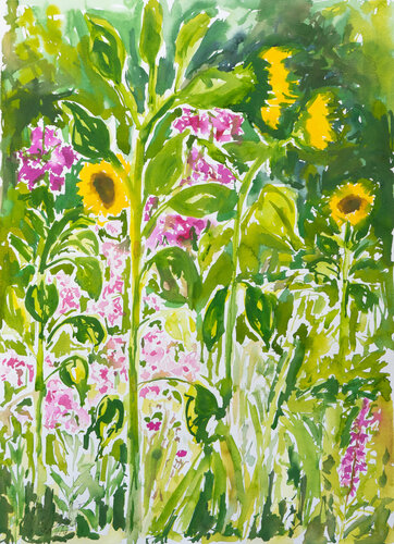 Sonnenblumen mit Phlox van Ute Meyer, Schilderij te koop op Singulart