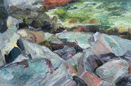 Strandnelke  zwischen den Felsen / Shetland by Ute Meyer, 油畫 for Sale on Singulart