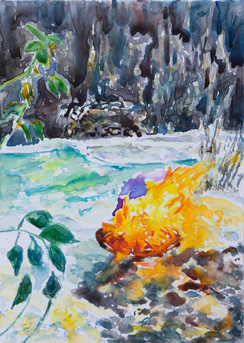 Lagerfeuer im Winter di Ute Meyer, Pittura in vendita su Singulart