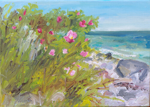 Blühende Heckenrosen am Meer van Ute Meyer, Schilderij te koop op Singulart