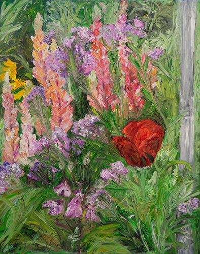 Rote Mohnblüte zwischen Lupinen by Ute Meyer, Painting for Sale on Singulart