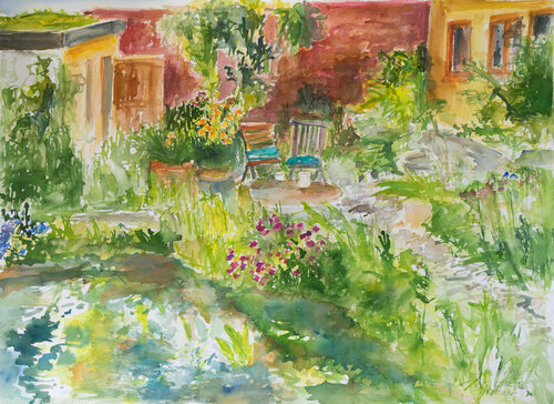 Zwei Stühle im Garten par Ute Meyer, Peinture en vente sur Singulart