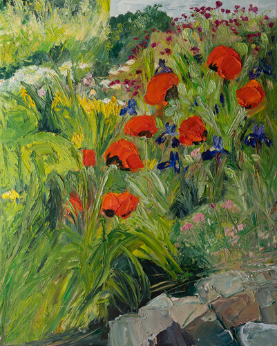 Mohn vor dem Haus di Ute Meyer, Pittura in vendita su Singulart