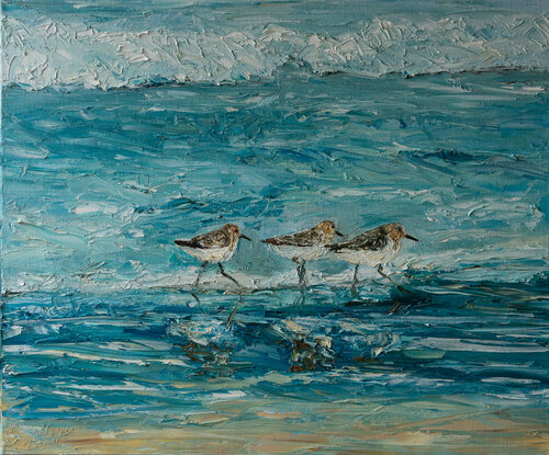 Am Strand / drei Sanderlinge by Ute Meyer, 油畫 for Sale on Singulart