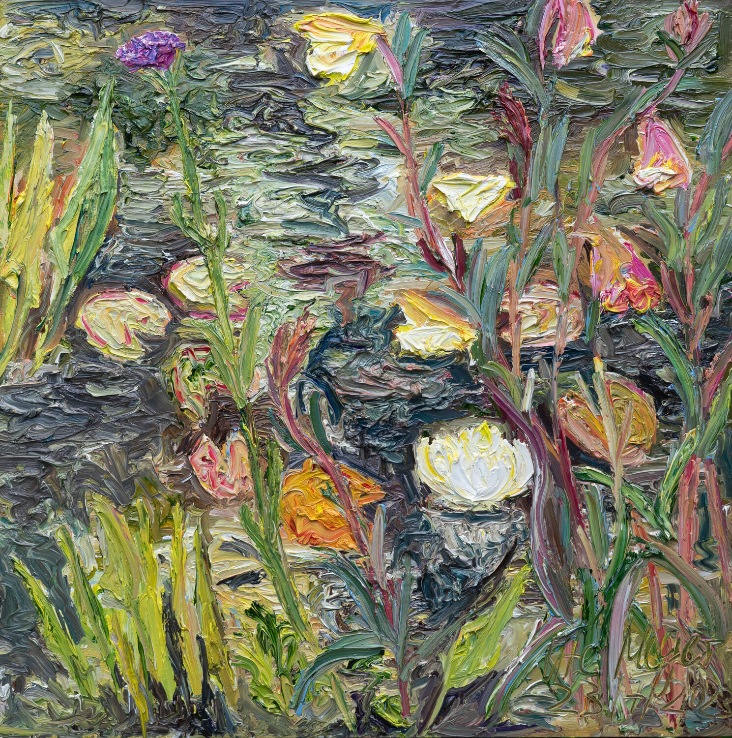 Am Teich / Seerose und gelbe Nachtkerzen Ute Meyer Originalgemälde zu verkaufen
