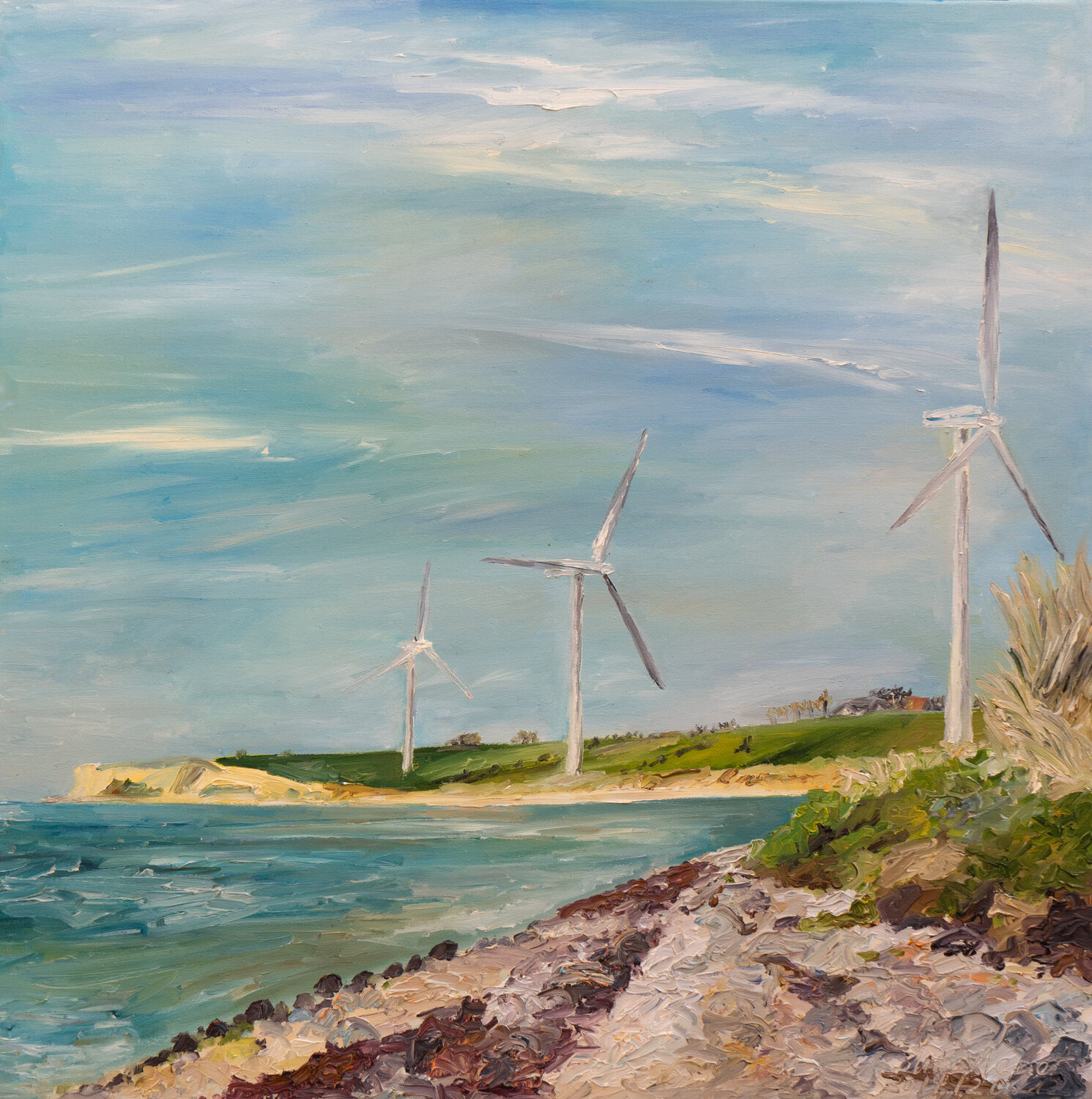 Drei Windräder / Vejsnæs/ Ærø Ute Meyer Originalgemälde zu verkaufen