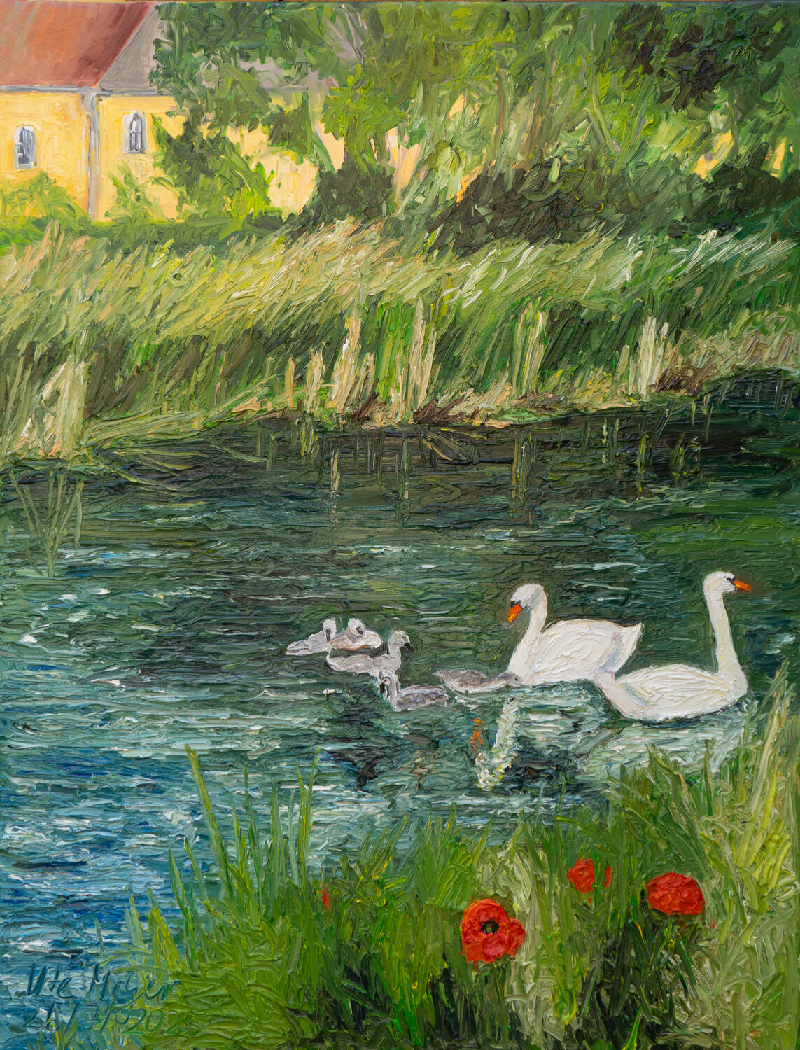 Sommermorgen / Schwanenfamilie auf dem Teich Ute Meyer Originalgemälde zu verkaufen