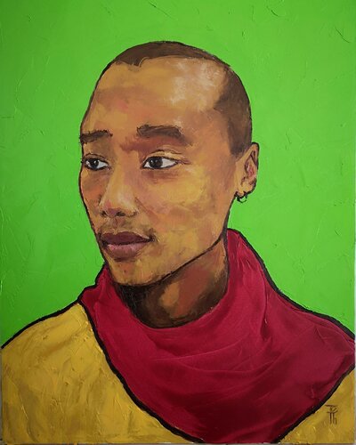 Man in Pink Scarf di Tessa Thonett, Pittura in vendita su Singulart