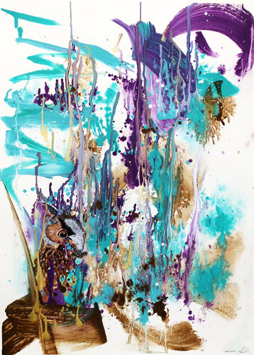 Eule trifft Schmetterling van Susanne Sokoll, Schilderij te koop op Singulart