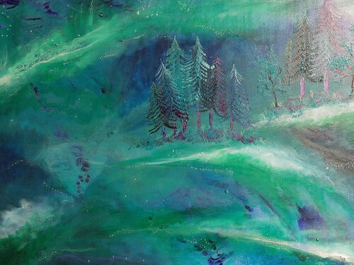 Wald im Universum - Nordlichter der Unendlichkeit de Marina Burgenmeister, Pintura a la venta en Singulart