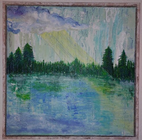 Kraftort stiller See mit Bergkristall von Marina Burgenmeister, Malerei kaufen auf Singulart