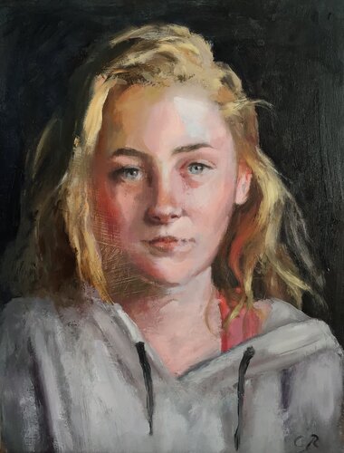 Chica con sudadera par Carmen Rey Berrocal, Peinture en vente sur Singulart