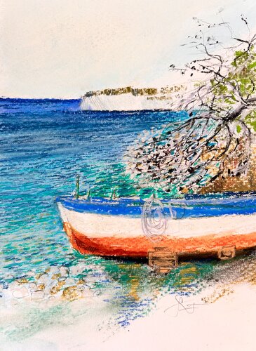 Boat - Barca dei Pescatori a Punta Licosa von Sonja Kalmanfi, Malerei kaufen auf Singulart