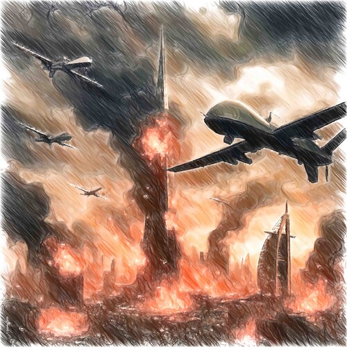 DUBAI 2026 - ANGRIFF DER DROHNEN by JOACHIM ARNO ZIEGENRÜCKER (JOARNO), Print for Sale on Singulart