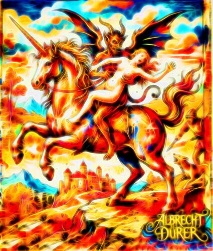 DIE ENTFÜHRUNG AUF DEM EINHORN - FREI NACH ALBRECHT DÜRER di JOACHIM ARNO ZIEGENRÜCKER (JOARNO), Stampa in vendita su Singulart