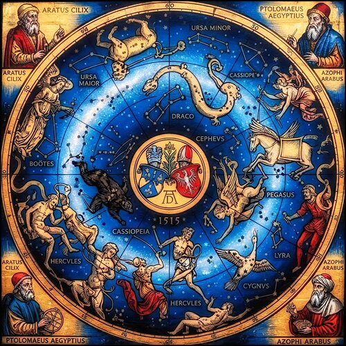 DIE NÖRDLICHE HIMMELSKUGEL  •  FREI NACH ALBRECHT DÜRER 1515 di JOACHIM ARNO ZIEGENRÜCKER (JOARNO), Stampa in vendita su Singulart