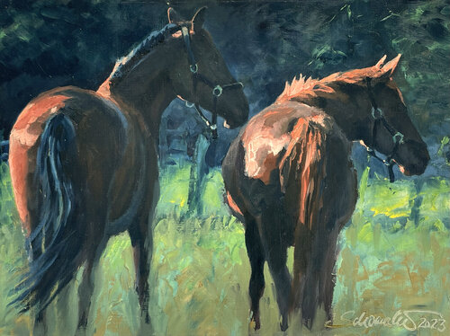 Pferde am Dorfrand: Fuchs und Brauner Hannoveraner de Philipp Schomaker, Pintura a la venta en Singulart