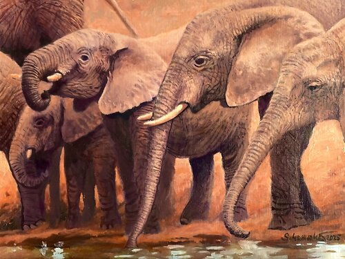 Elefanten beim Trinken par Philipp Schomaker, Peinture en vente sur Singulart