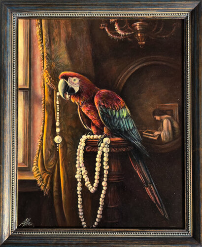Macaw Parrot with Beads – Baroque-Inspired Still Life von Alla Ostrovsky, Malerei kaufen auf Singulart
