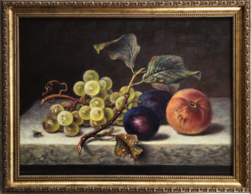 Grapes, Plums, and a Peach – Classic Still Life di Alla Ostrovsky, Pittura in vendita su Singulart