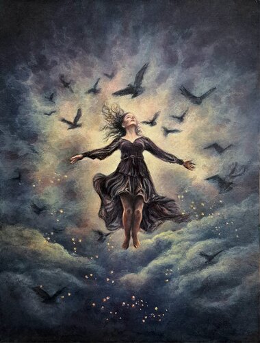 Flock of Birds – Surreal Flight and Freedom di Alla Ostrovsky, Pittura in vendita su Singulart
