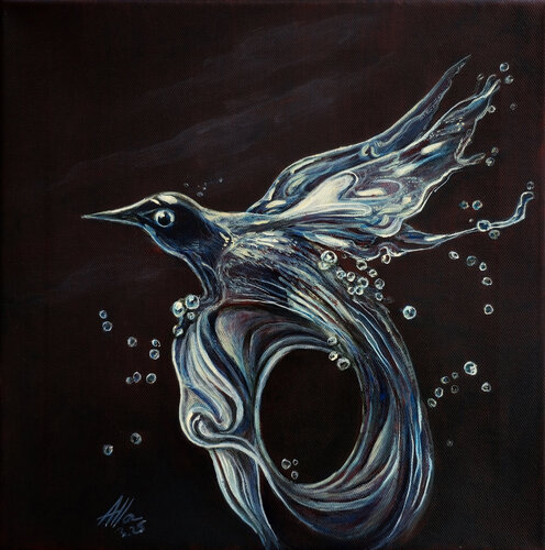 Liquid Bird in Flight – A Surreal Creature of Water and Motion di Alla Ostrovsky, Pittura in vendita su Singulart