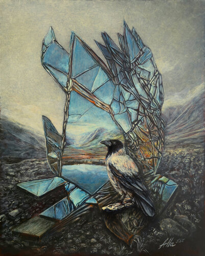 Silent Watcher Beyond the Glass di Alla Ostrovsky, Pittura in vendita su Singulart