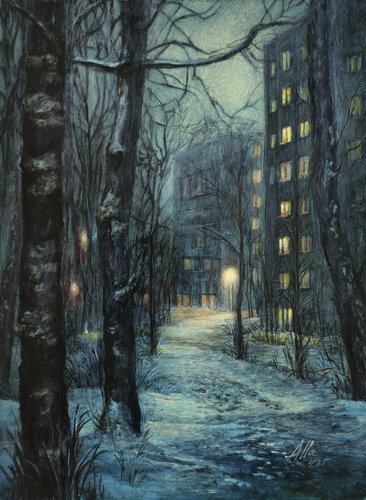 Winter Silence – Snowy City Path at Night di Alla Ostrovsky, Pittura in vendita su Singulart