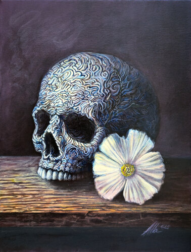Still Life Crisis – Skull & Bloom van Alla Ostrovsky, Schilderij te koop op Singulart