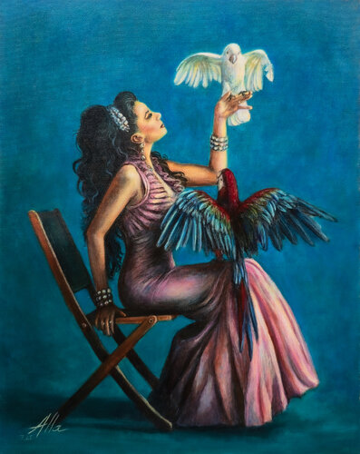 Magnificent Maya with Parrots – Symbolist Portrait von Alla Ostrovsky, Malerei kaufen auf Singulart