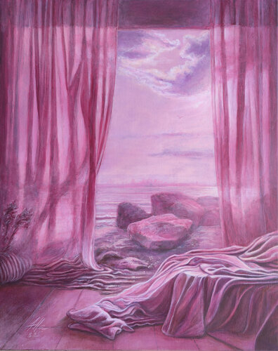 Bedroom Opening to the Sea – Dreamscape in Pink Tones van Alla Ostrovsky, Schilderij te koop op Singulart