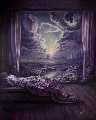 Lavender Dream – Bedroom Flowing into the Horizon di Alla Ostrovsky, Pittura in vendita su Singulart