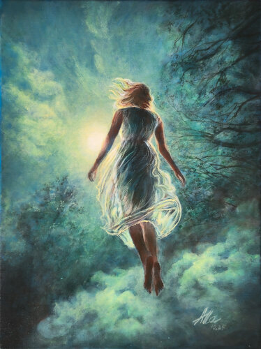Floating Woman in Moonlit Fog – Symbolist Dreamscape van Alla Ostrovsky, Schilderij te koop op Singulart