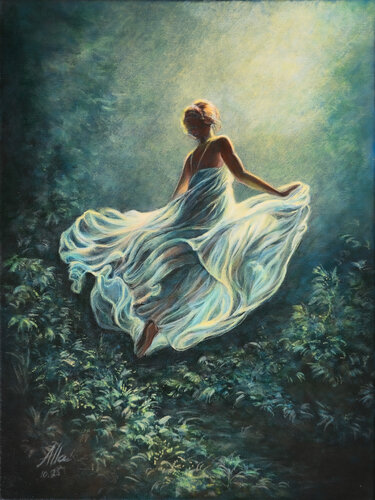 Ascending the Moonlit Path – Symbolist Dreamscape di Alla Ostrovsky, Pittura in vendita su Singulart