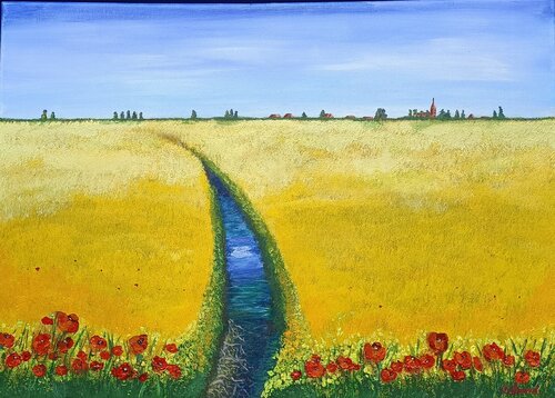 Spaziergang am Rapsfeld mit Mohnblumen by Betty Dienel, 油畫 for Sale on Singulart