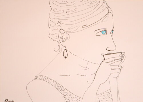Coffee - Woman Drinking Coffee Ink Sketch by Lhandy, Drawing for Sale on Singulart