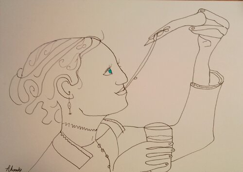 Pizza Joy - Female Ink Drawing Eating Pizza by Lhandy, Drawing for Sale on Singulart