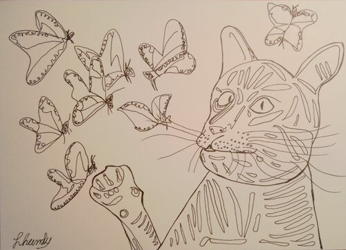 Cat with butterflies von Lhandy, Zeichnungen kaufen auf Singulart
