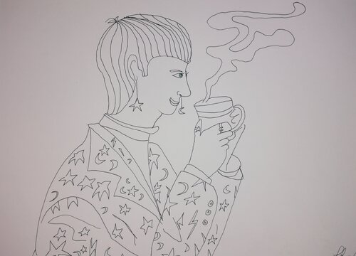 Rockstar Drinking Coffee von Lhandy, Zeichnungen kaufen auf Singulart