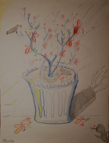 Red Flowers with birds by Lhandy, Drawing for Sale on Singulart