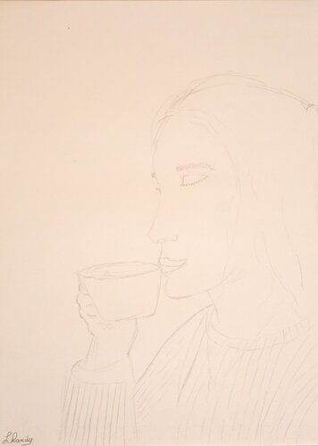 Coffee Break - Girl Drinking Coffee Minimalist Art by Lhandy, Drawing for Sale on Singulart