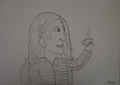Coffee Pleasure - Female Ink Portrait by Lhandy, Drawing for Sale on Singulart