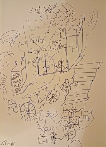 Castle +Bike +Flowers + Fish + TV + Hands by Lhandy, Drawing for Sale on Singulart