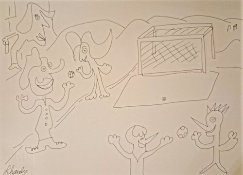 Surrealistic Kids Playing Soccer Under The Angry Teacher's Gaze by Lhandy, Drawing for Sale on Singulart
