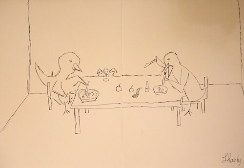 Birds eating at the table - Minimalist Surrealistic Diptych van Lhandy, Tekening te koop op Singulart