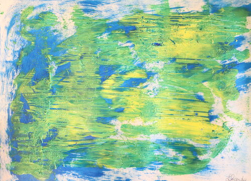 Terrestrial Interference - Abstract Blue Yellow White & Green - Acrylic On Paper by Lhandy, Painting for Sale on Singulart